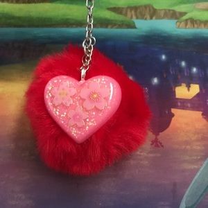 Faux Fur Pom Pom with Cherry Blossom Keychain